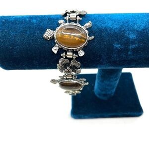 Turtle Silvertone Oval Tigers Eye Cabochon Sea Turtle Floral link Bracelet